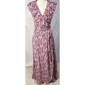 Boden Saskia Jersey Knit Maxi Midi Wrap Dress Pink Floral Ruffle Sleeveless